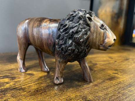 Small Hand Carved Wooden Lion Fresh Faced with An Intricate Mane
