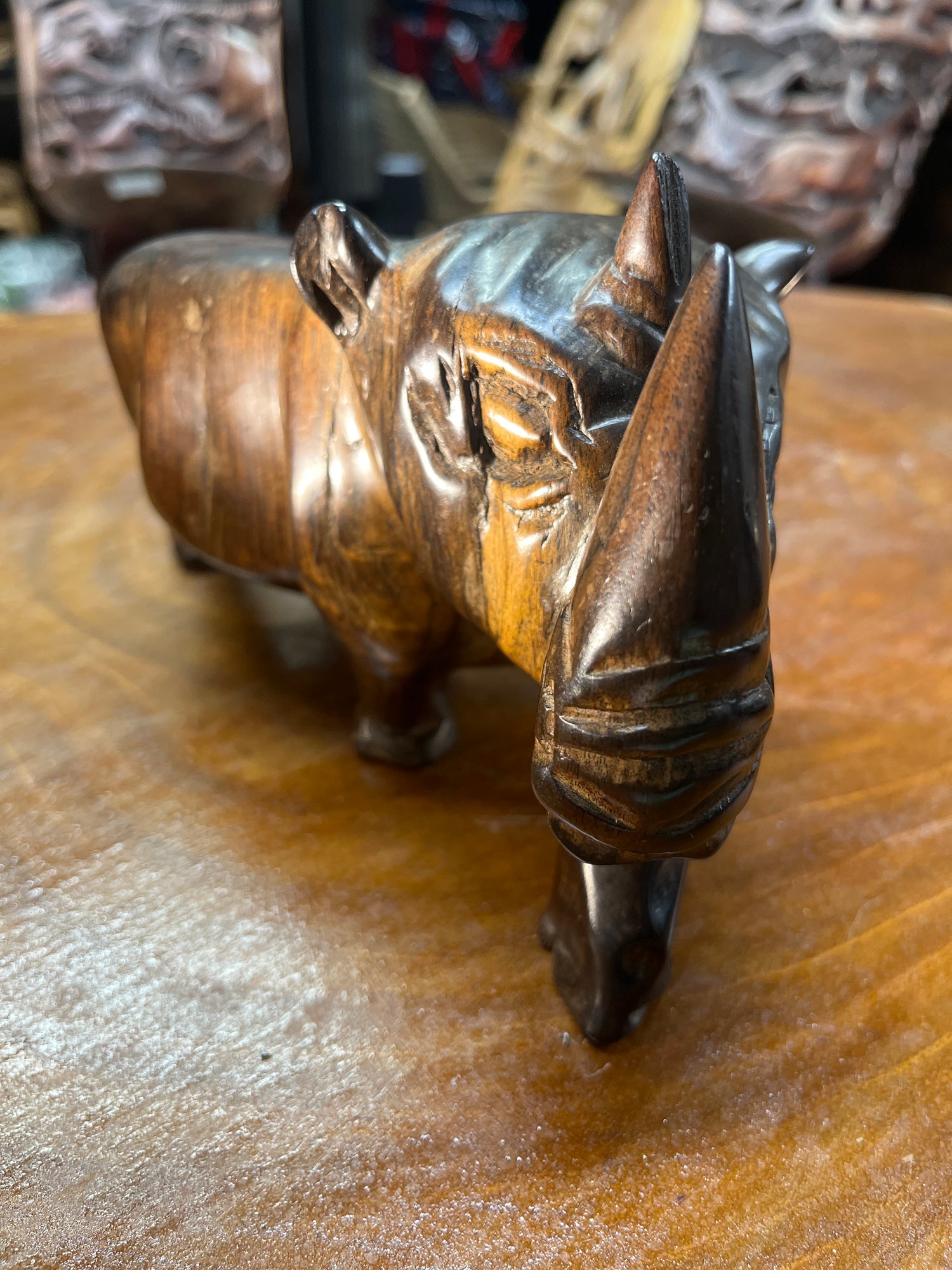 Short and Stocky Handcarved Wooden Standing Rhino Curio
