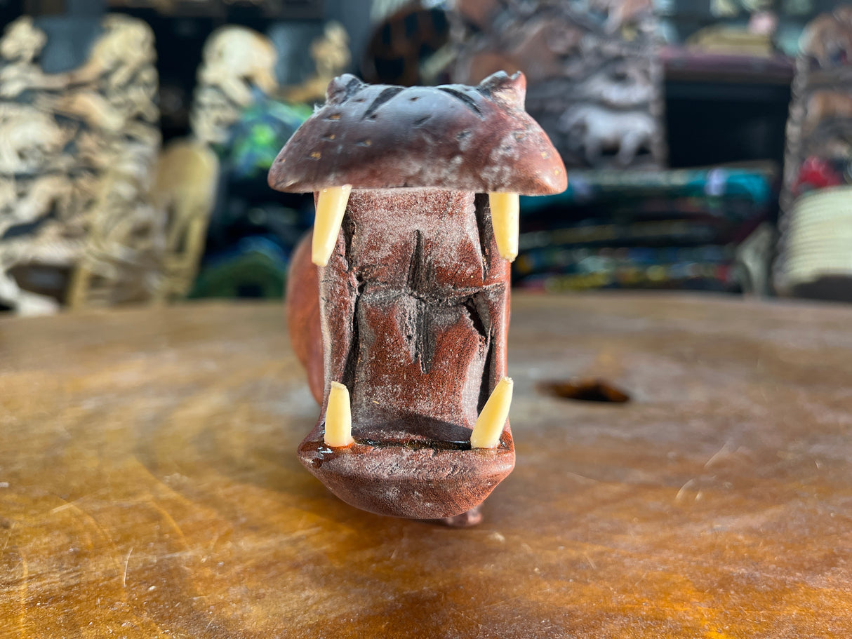 Small Hand Carved Reddish Wood Hippo - Mouth Open With Teeth
