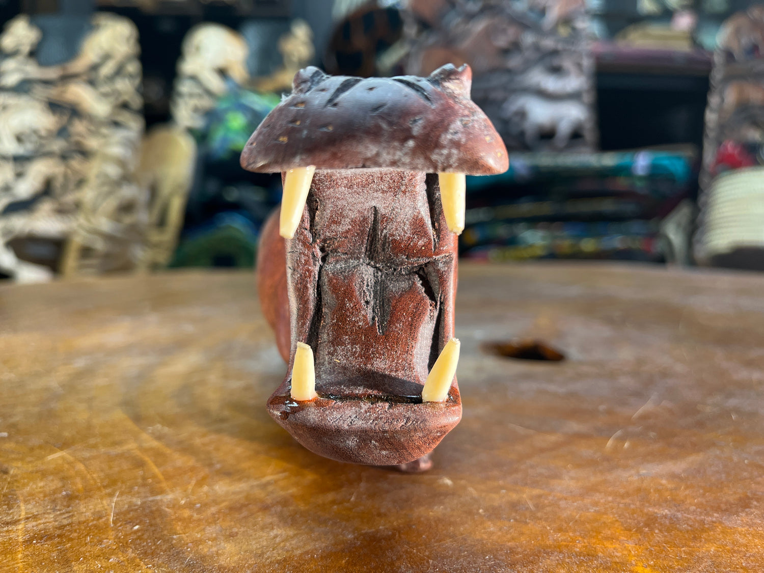 Small Hand Carved Reddish Wood Hippo - Mouth Open With Teeth