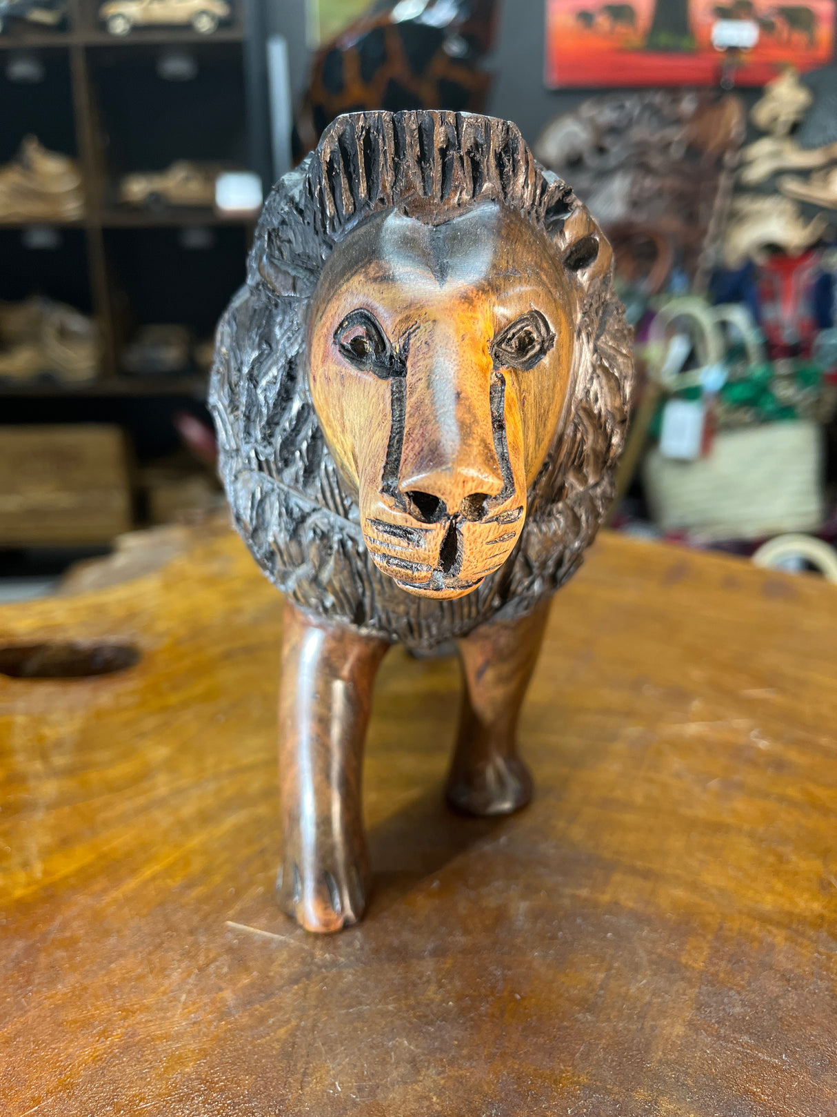 Hand Carved Wooden Large Bold Lion With Stunning Graining on the Face and Throughout