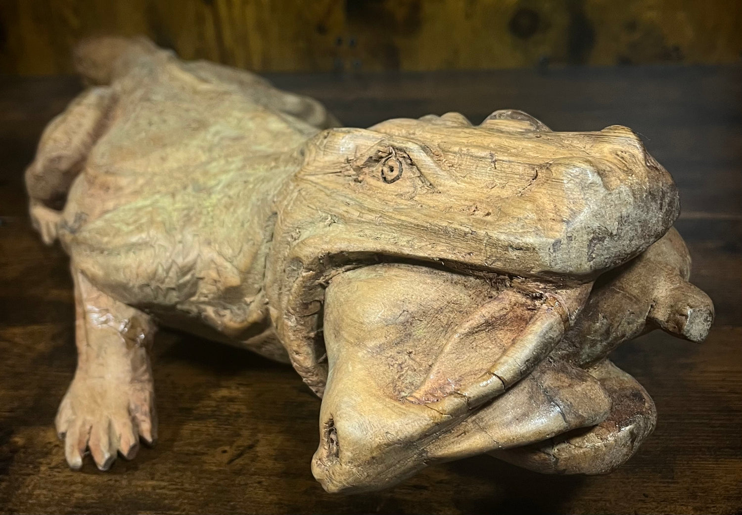 Hand Carved Mahogany Komodo Eating Prey