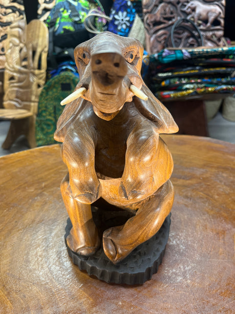 Hand Carved Happy Elephant Mahogany