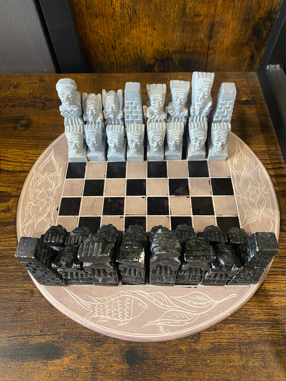 African Soap Stone Chess Set - Pink and Black Board