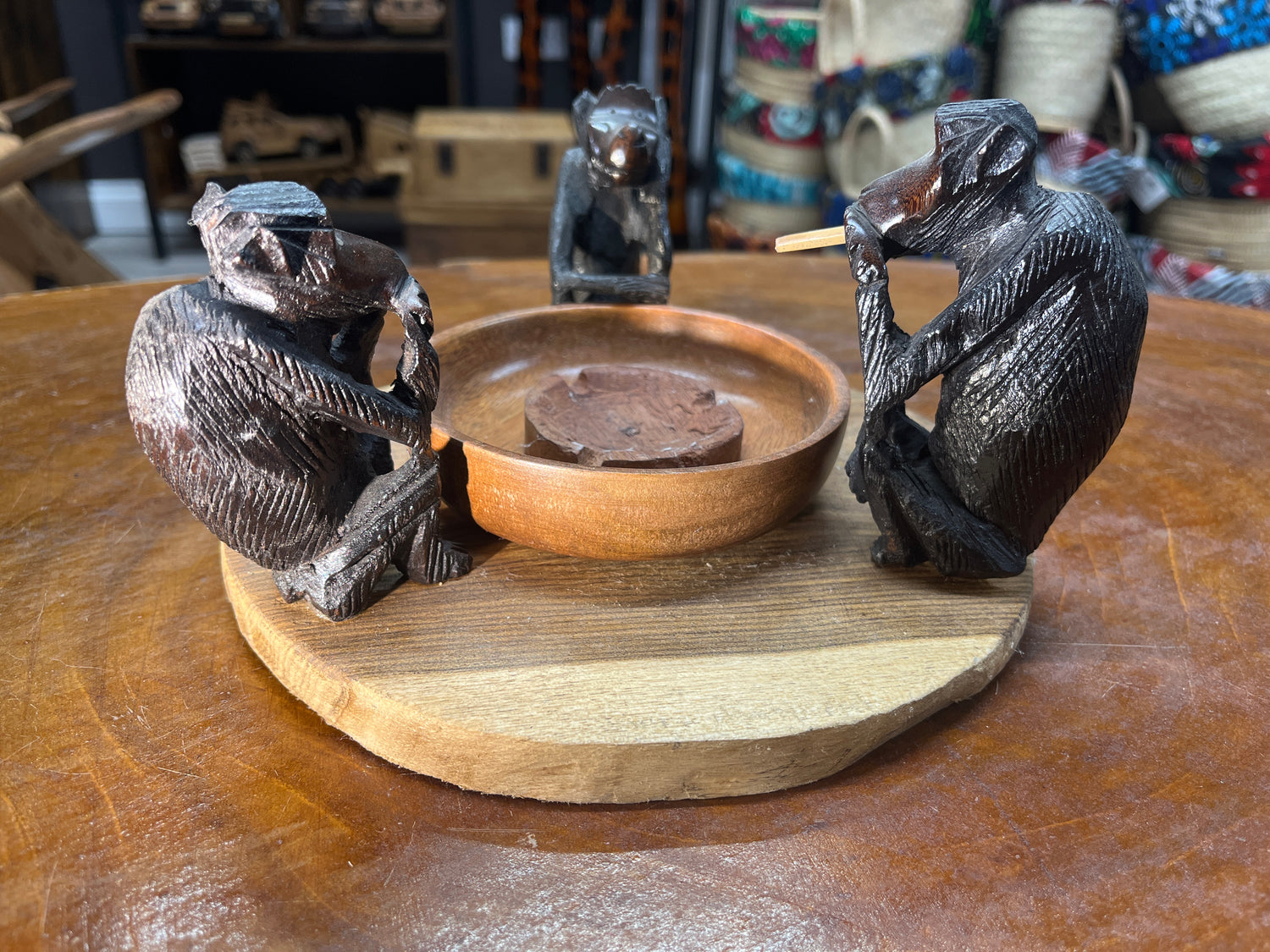 Not so Wise 3 Smoking Monkeys Ash Tray - Handmade Ebony Monkeys