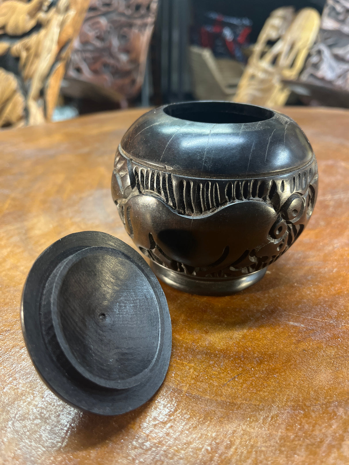 Small Handmade Animal carved Ebony Storage Pot
