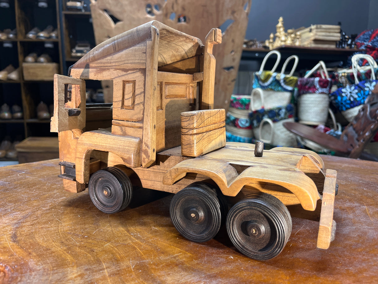 Hand Carved Truck & Trailer Wooden Model With A Car