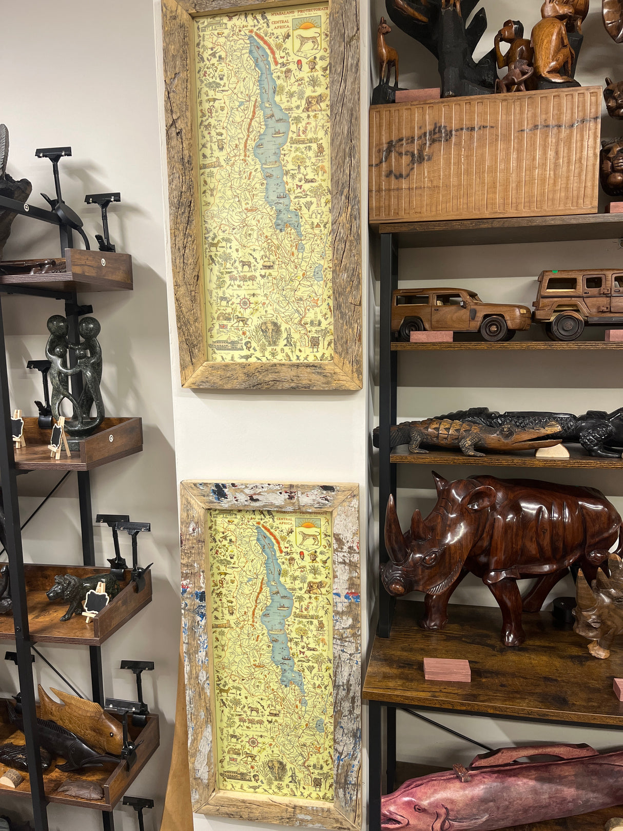 Detailed Map Drawing of Malawi framed on reclaimed Canoe Wood from Lake Malawi
