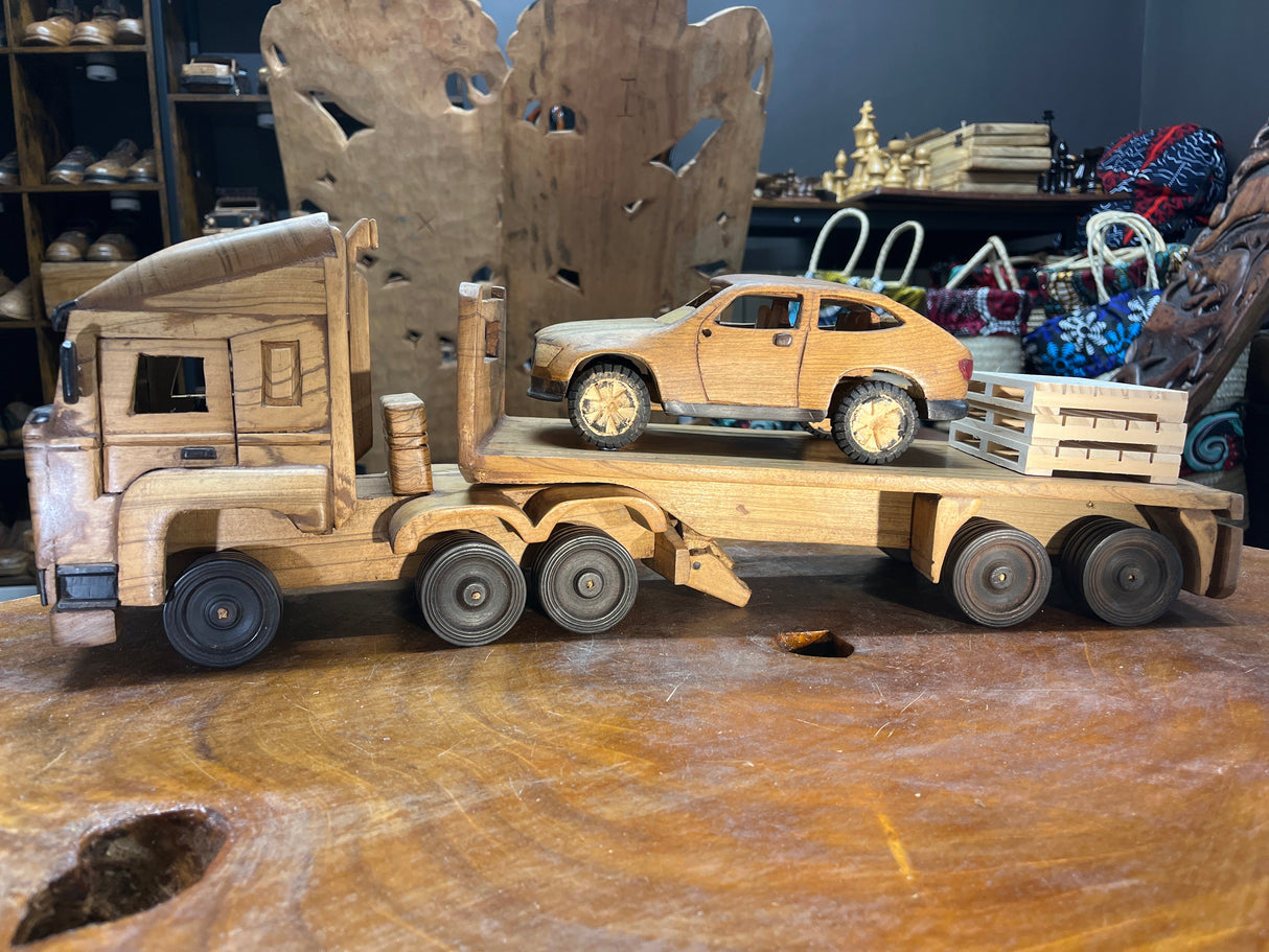 Hand Carved Truck & Trailer Wooden Model With A Car