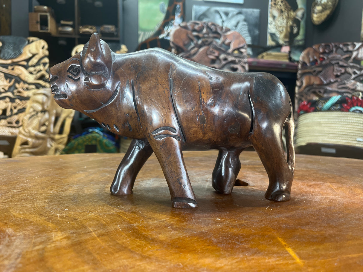 Hand Carved Dark Brown Wooden Buffalo With Horns