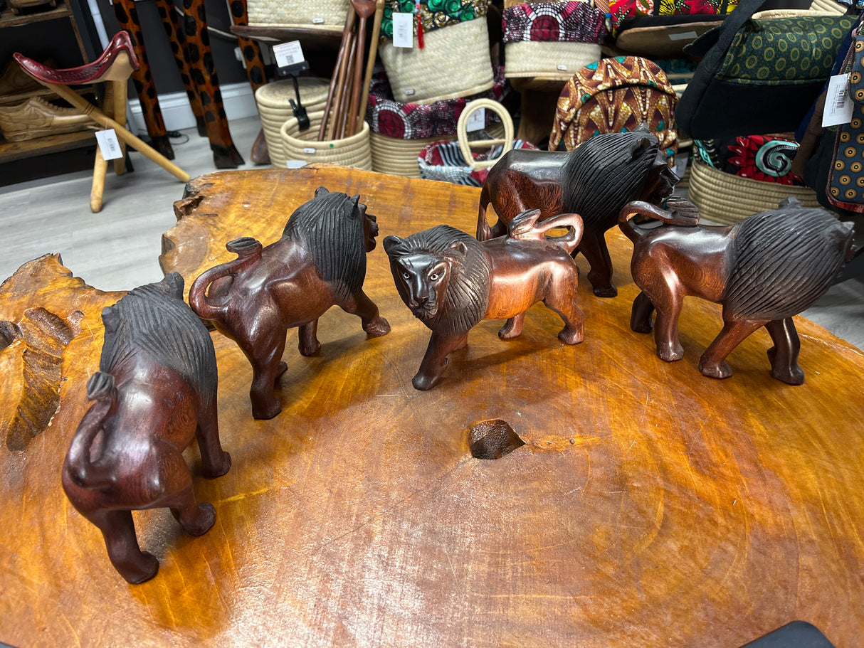 Dark Red / Brown Wooden Hand Carved Lions - Stunning Facial Features and Realism