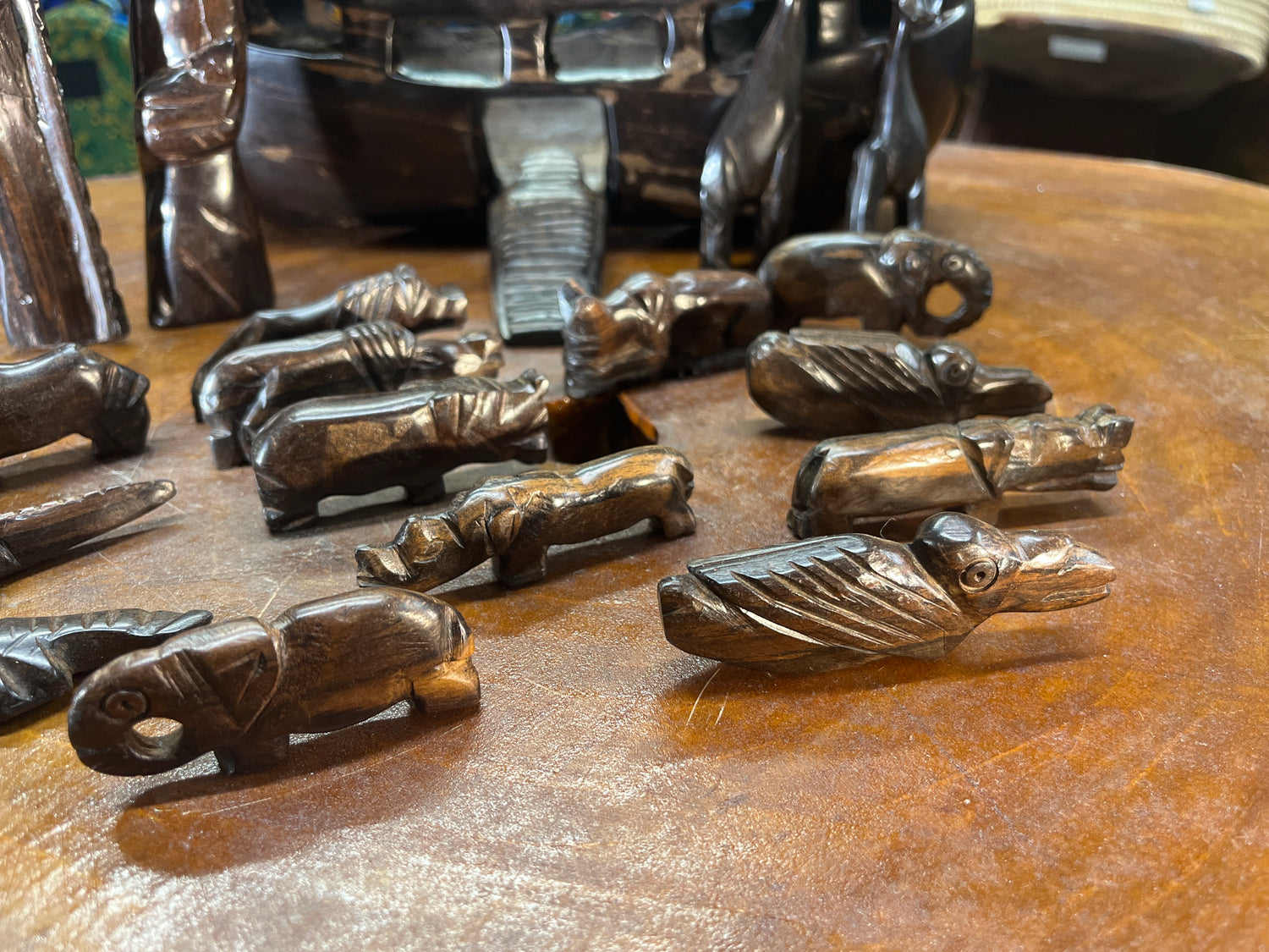 Hand Carved Ebony Noah’s Ark With Animals and Noah and Spouse