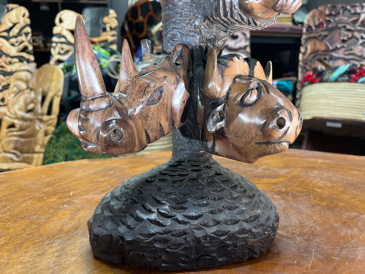 Hand Carved ‘Big 5’ On a Tree Trunk Ornament - Elephant, Leopard, Lion, Rhino, Buffalo