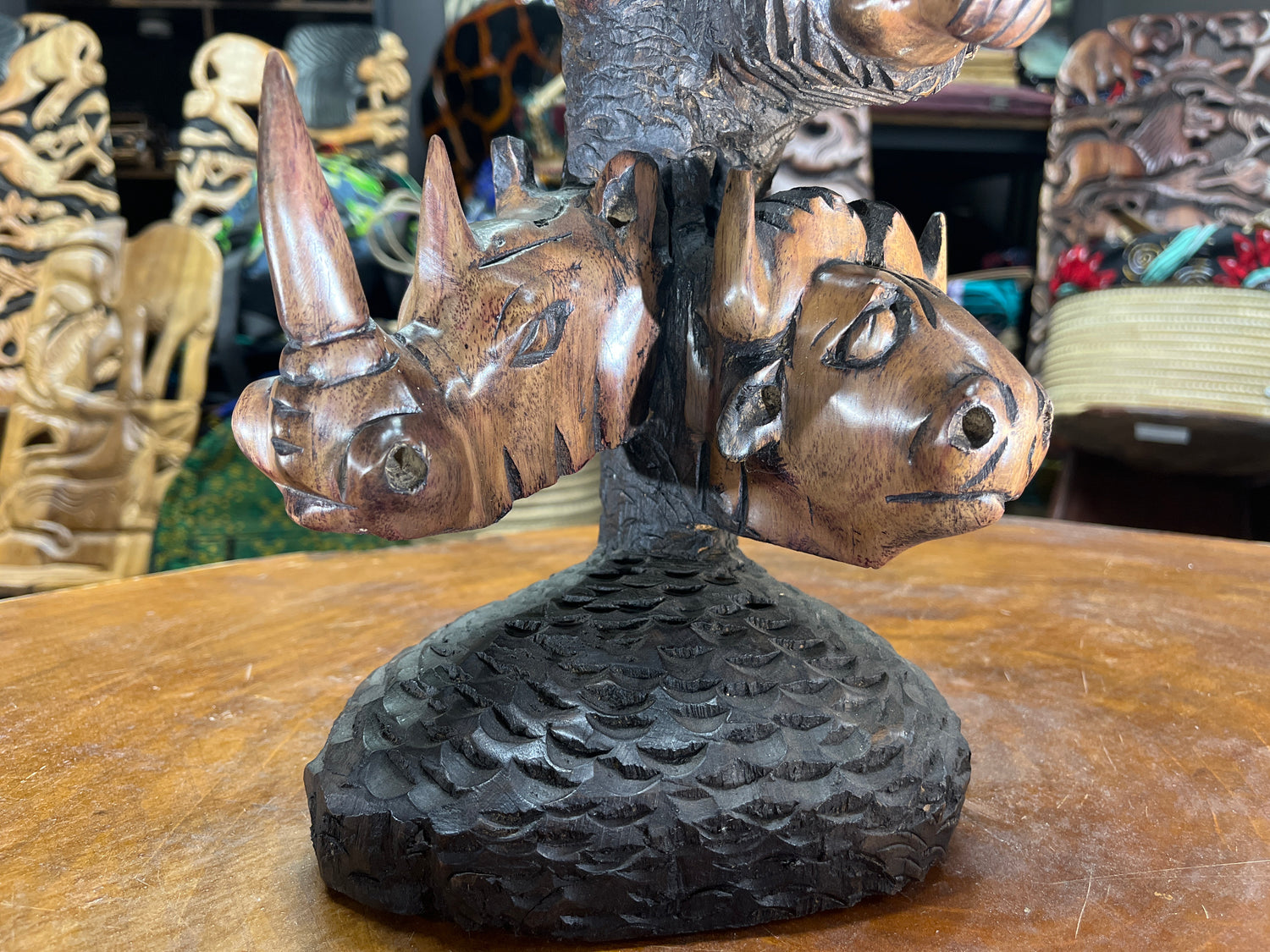 Hand Carved ‘Big 5’ On a Tree Trunk Ornament - Elephant, Leopard, Lion, Rhino, Buffalo