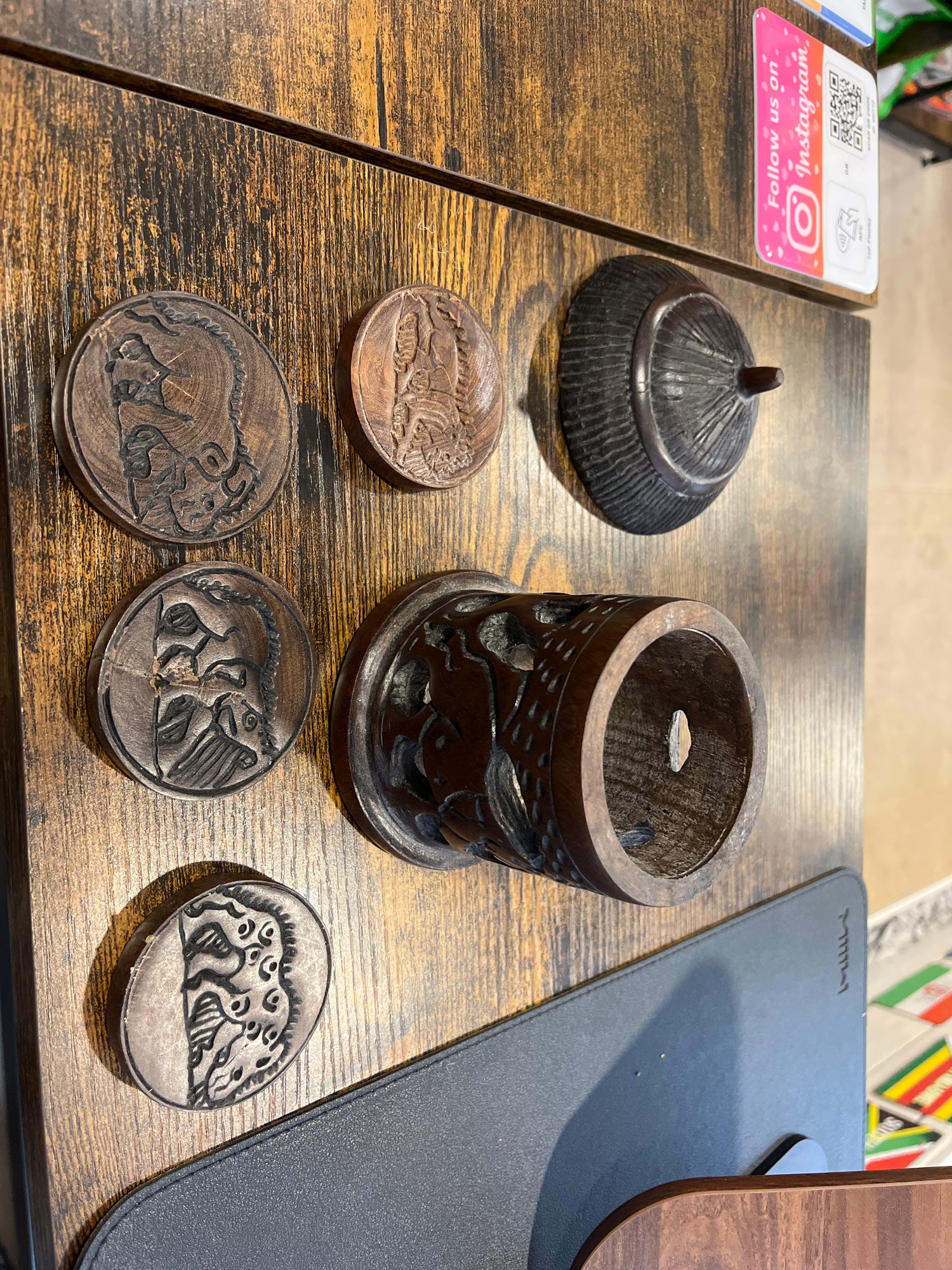 Hand Carved Ebony African Hut with Rhino and Elephant Design Coaster Set with 4 Coasters