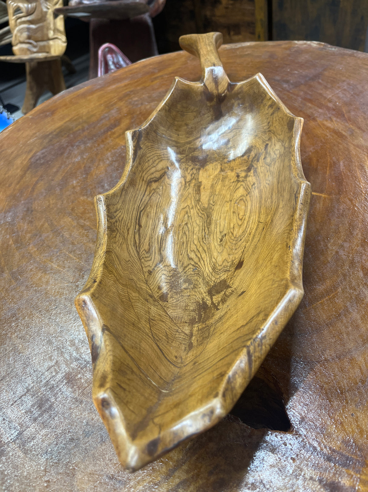 Medium Size Handmade Wooden Leaf Salad and Serving Dish (Long Stem)