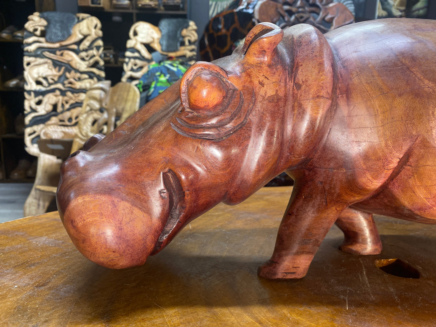 Big Reddish Colour Hand Carved Wooden Smiling Hippo - Mouth Closed (Very Heavy Piece)