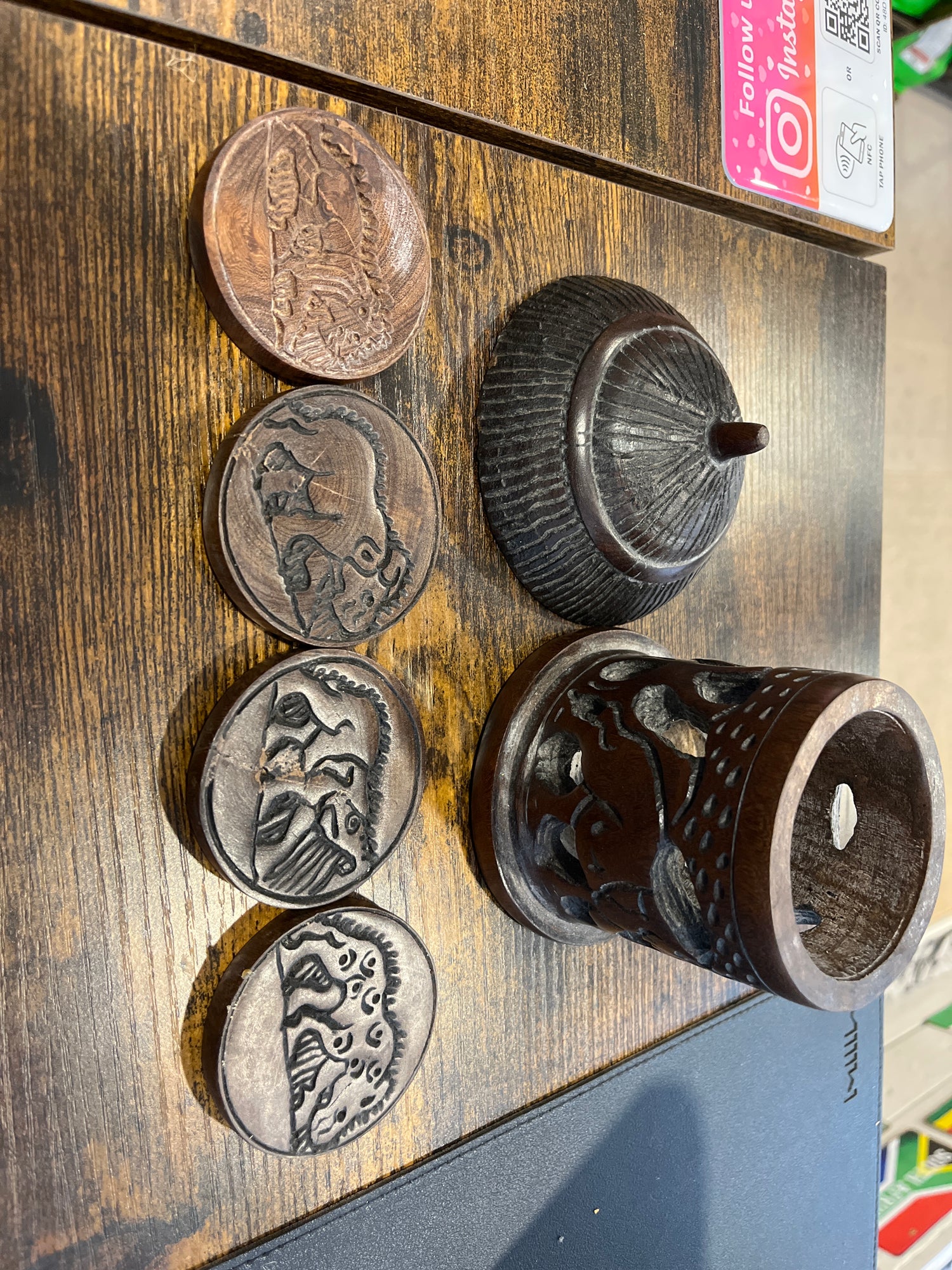 Hand Carved Ebony African Hut with Rhino and Elephant Design Coaster Set with 4 Coasters