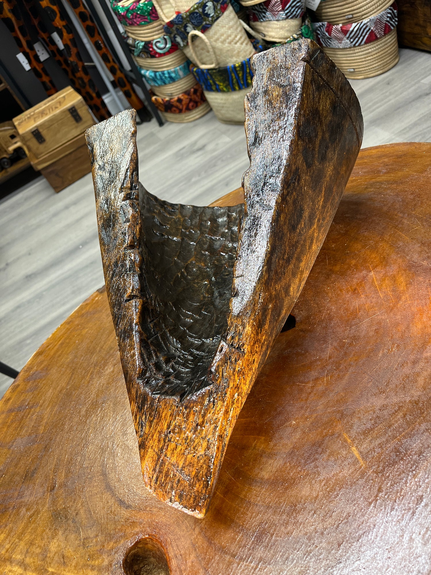 Reclaimed Stunning and Unique Lake Malawi Canoe End Display Dish - Polished and Hand Made