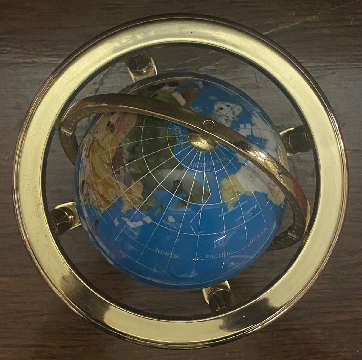 Light Blue Gemstone Globe With Metallic Brass Cradle - Orange Compass