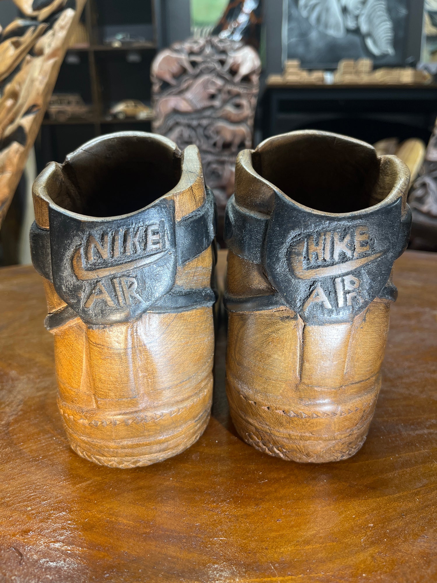 Pair of Nike Air Force One High V1.1 Hand Carved Mahogany Display Piece