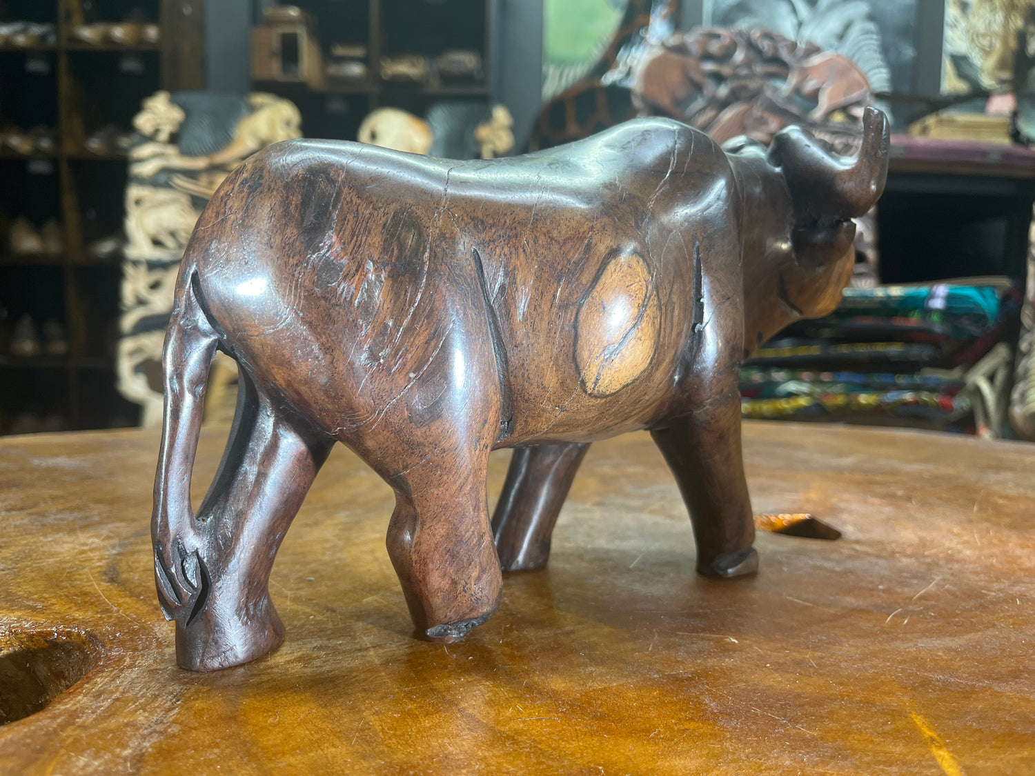 Hand Carved Dark Brown Wooden Buffalo With Horns