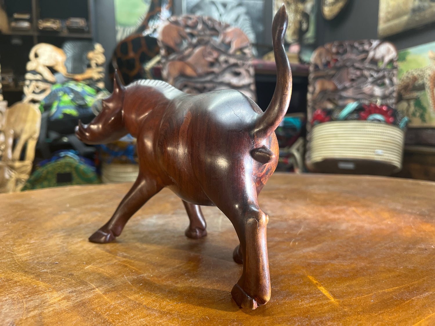 Hand Carved Dark Brown Wooden Warthog With Horns