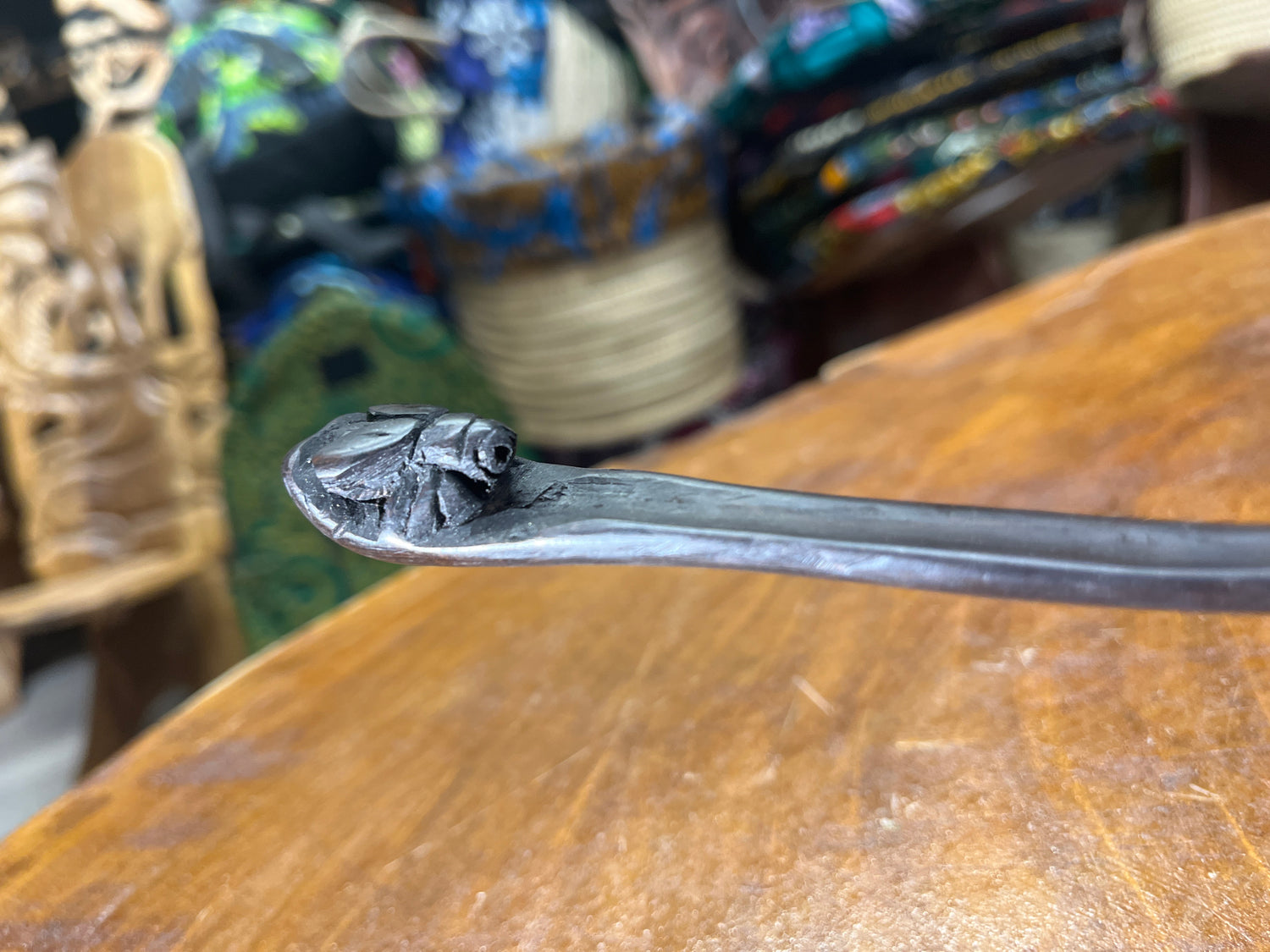 Hand Carved Ebony Lizard / Gecko on a Tree Branch Catching a Fly