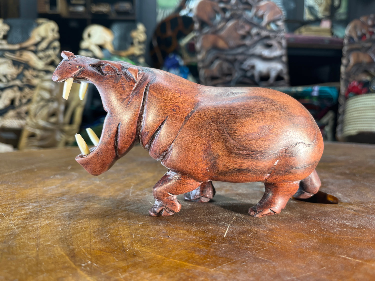 Small Hand Carved Reddish Wood Hippo - Mouth Open With Teeth