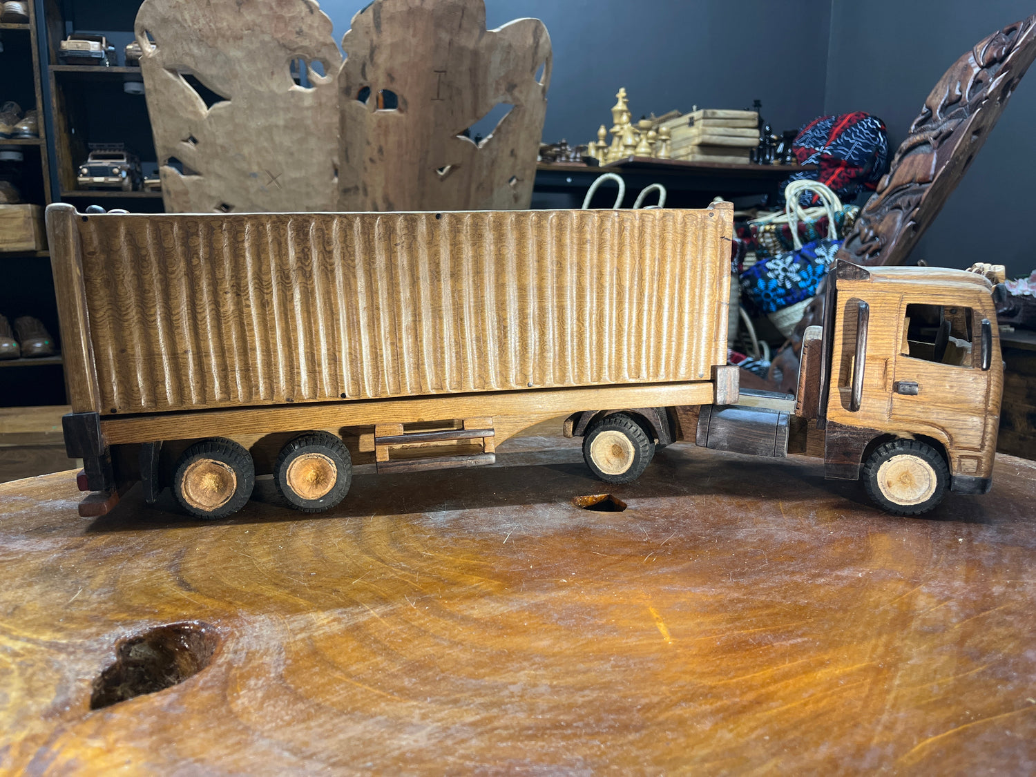 Hand Carved Wooden Truck, Trailer and Container Combination