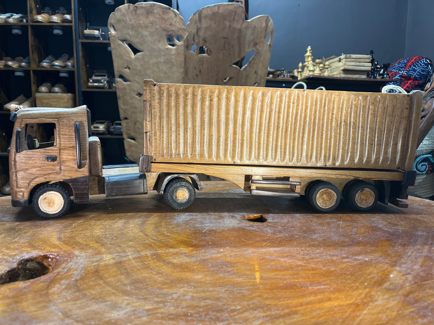 Hand Carved Wooden Truck, Trailer and Container Combination