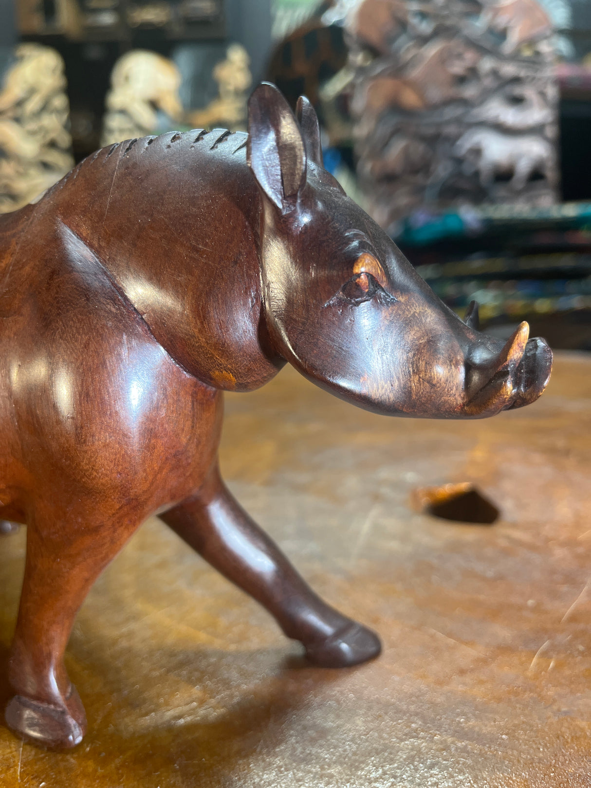 Hand Carved Dark Brown Wooden Warthog With Horns