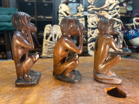 Hear No Evil, See No Evil, Speak No Evil - Hand Carved Wooden 3 Wise Monkeys