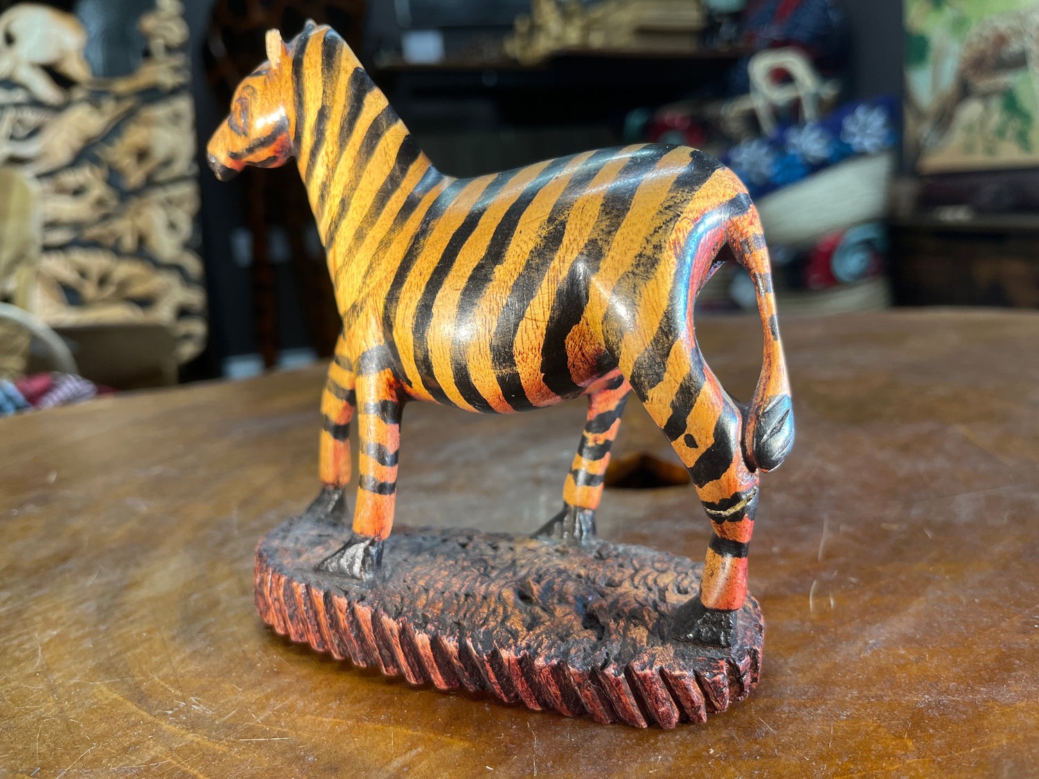 Hand Carved Painted Wooden Zebra on Stand
