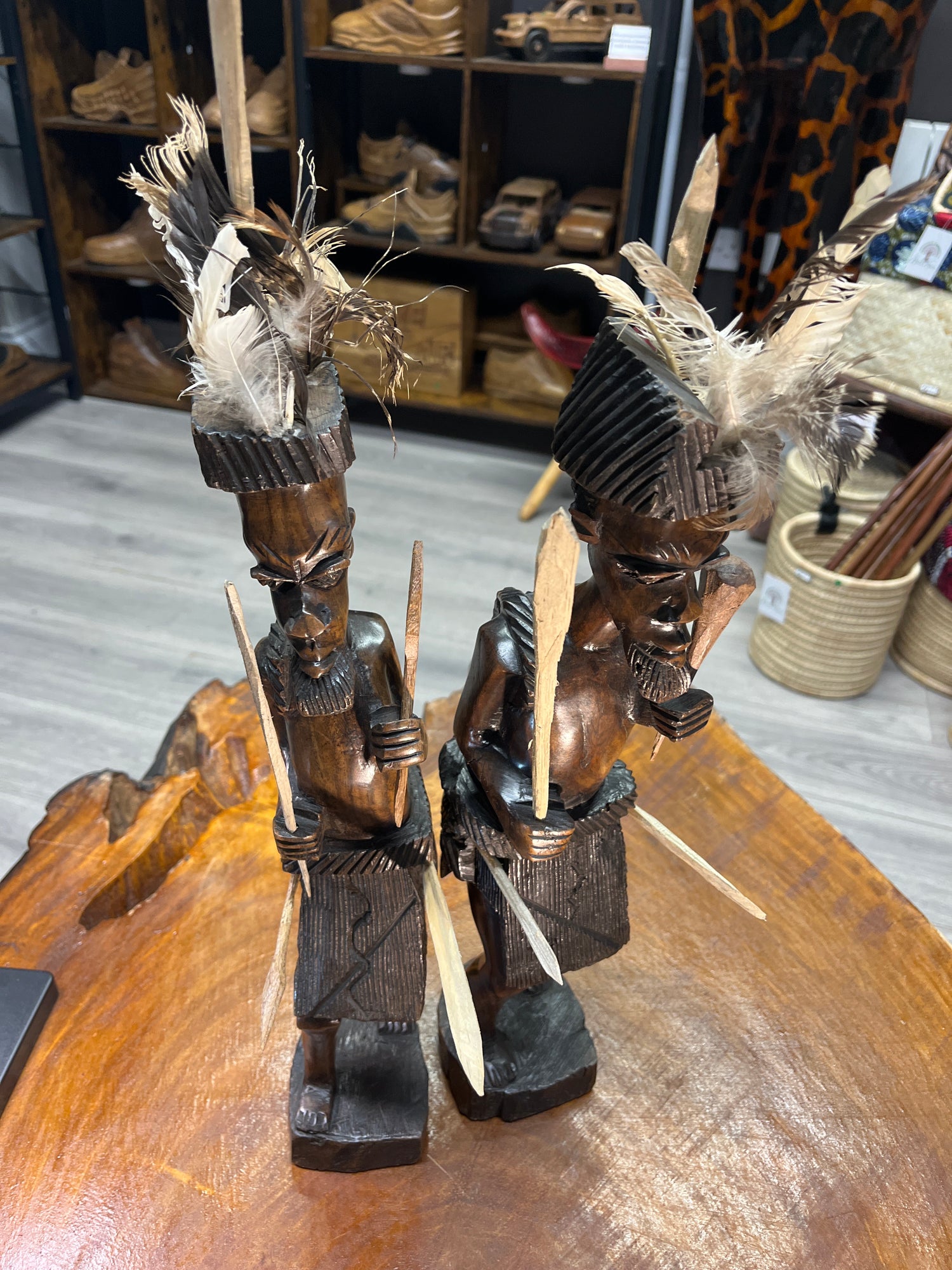 Pair of African Tribal Warriors Hand Carved in Wood