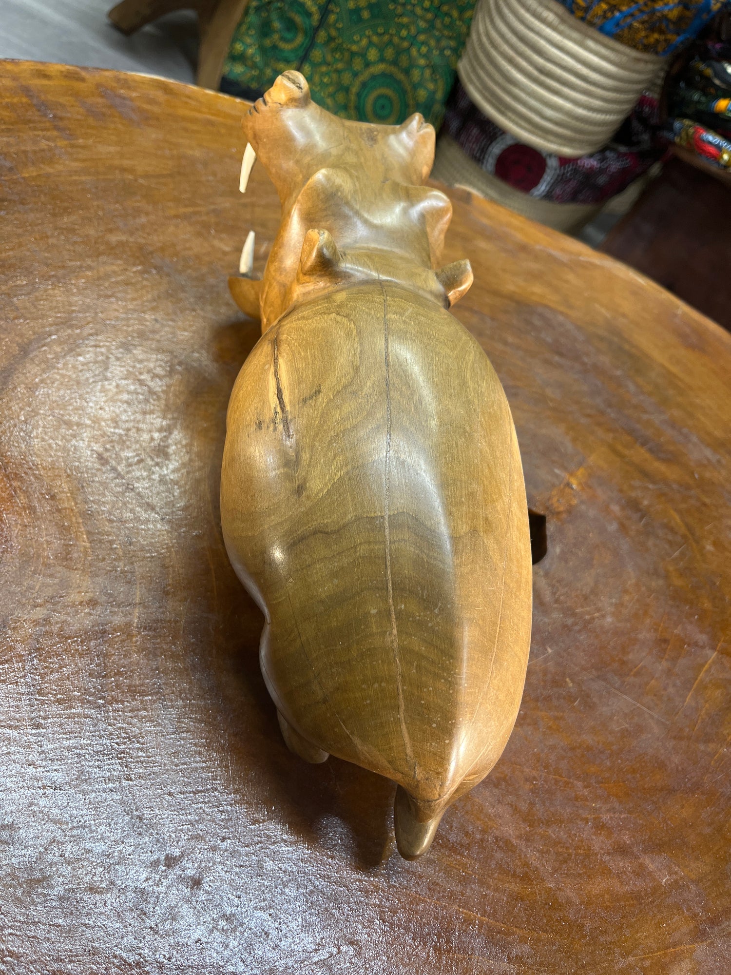 Hand Carved Wooden Walking Hippo - Mouth Open With Teeth
