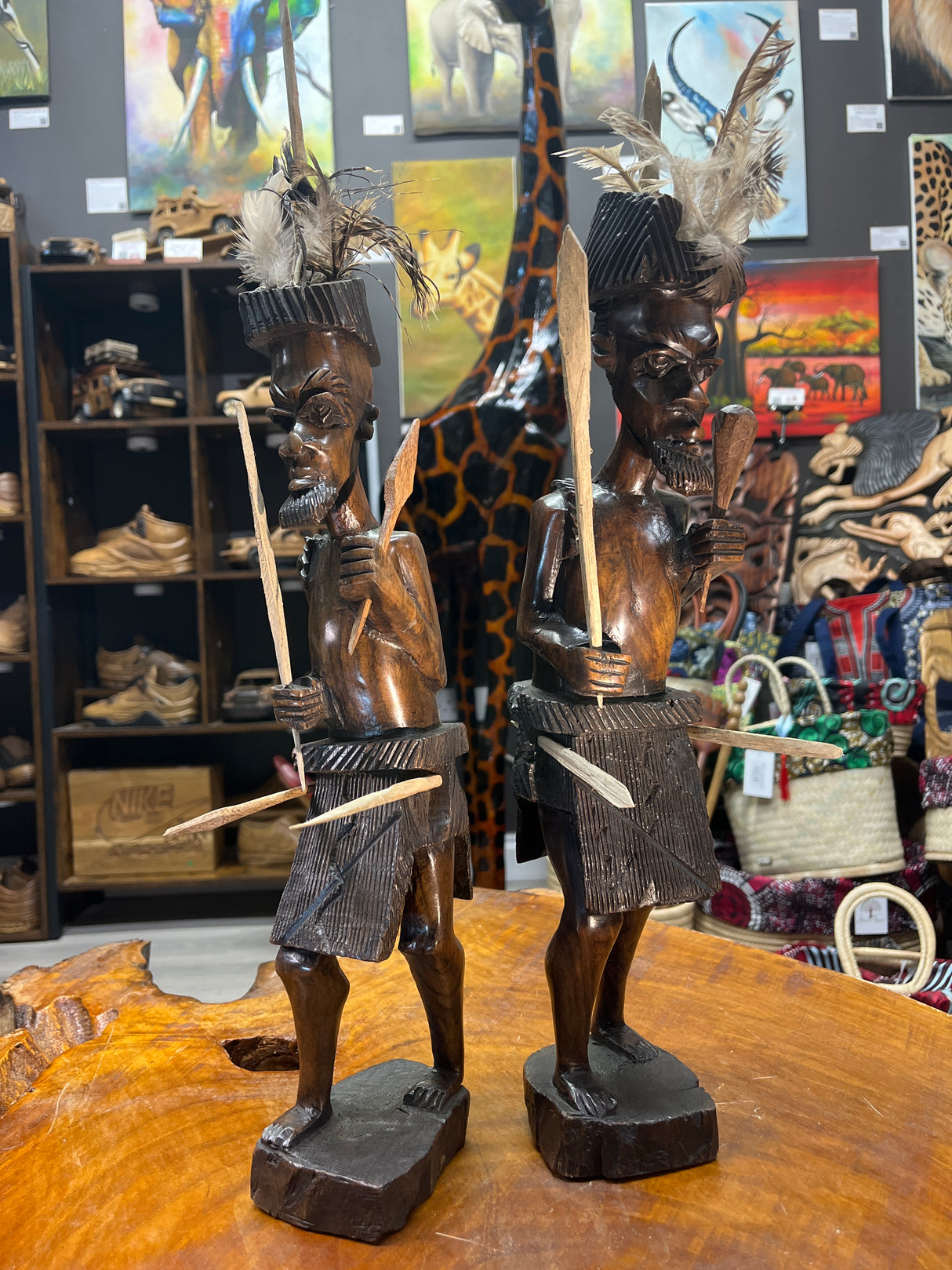 Pair of African Tribal Warriors Hand Carved in Wood