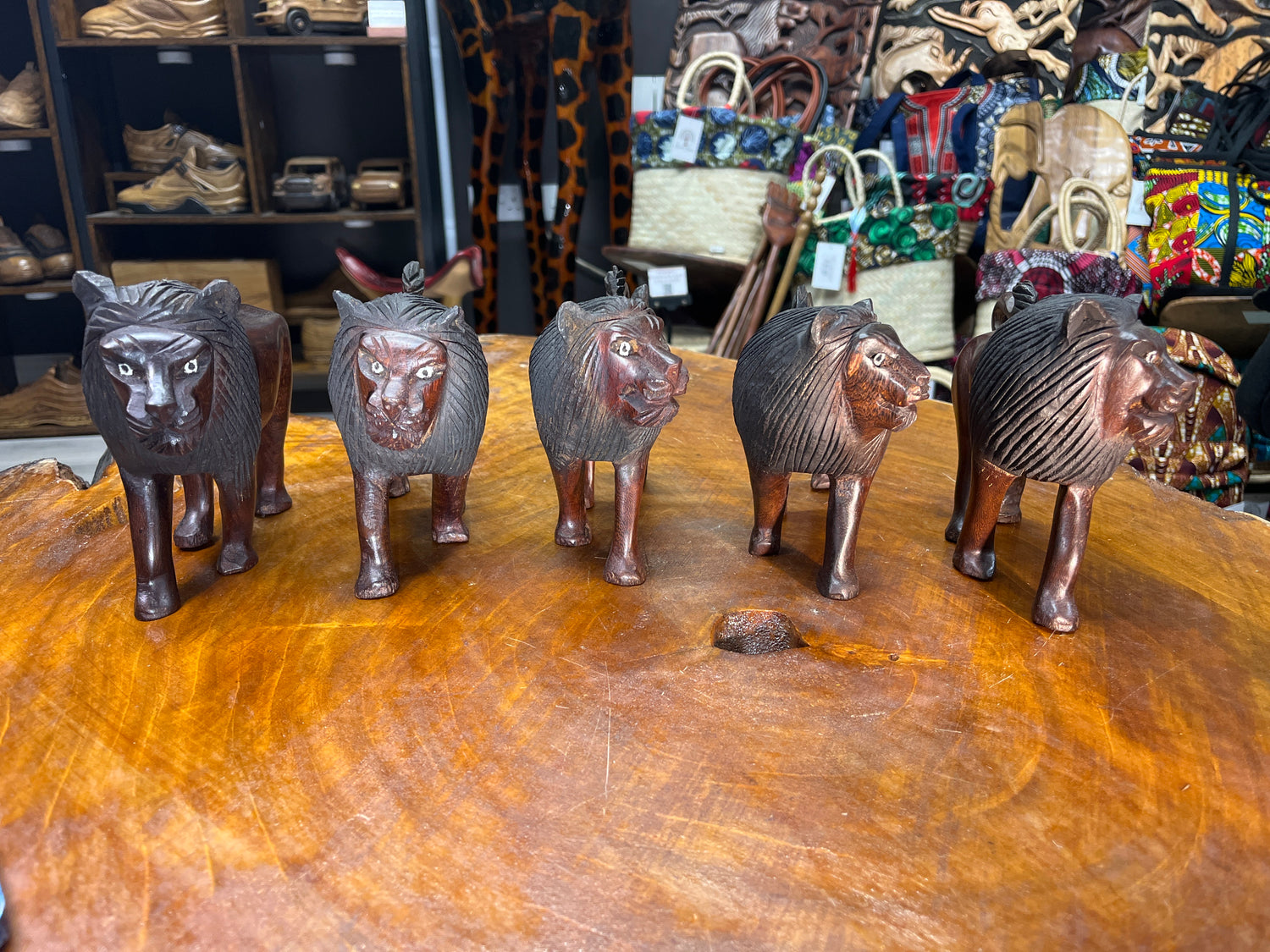 Dark Red / Brown Wooden Hand Carved Lions - Stunning Facial Features and Realism