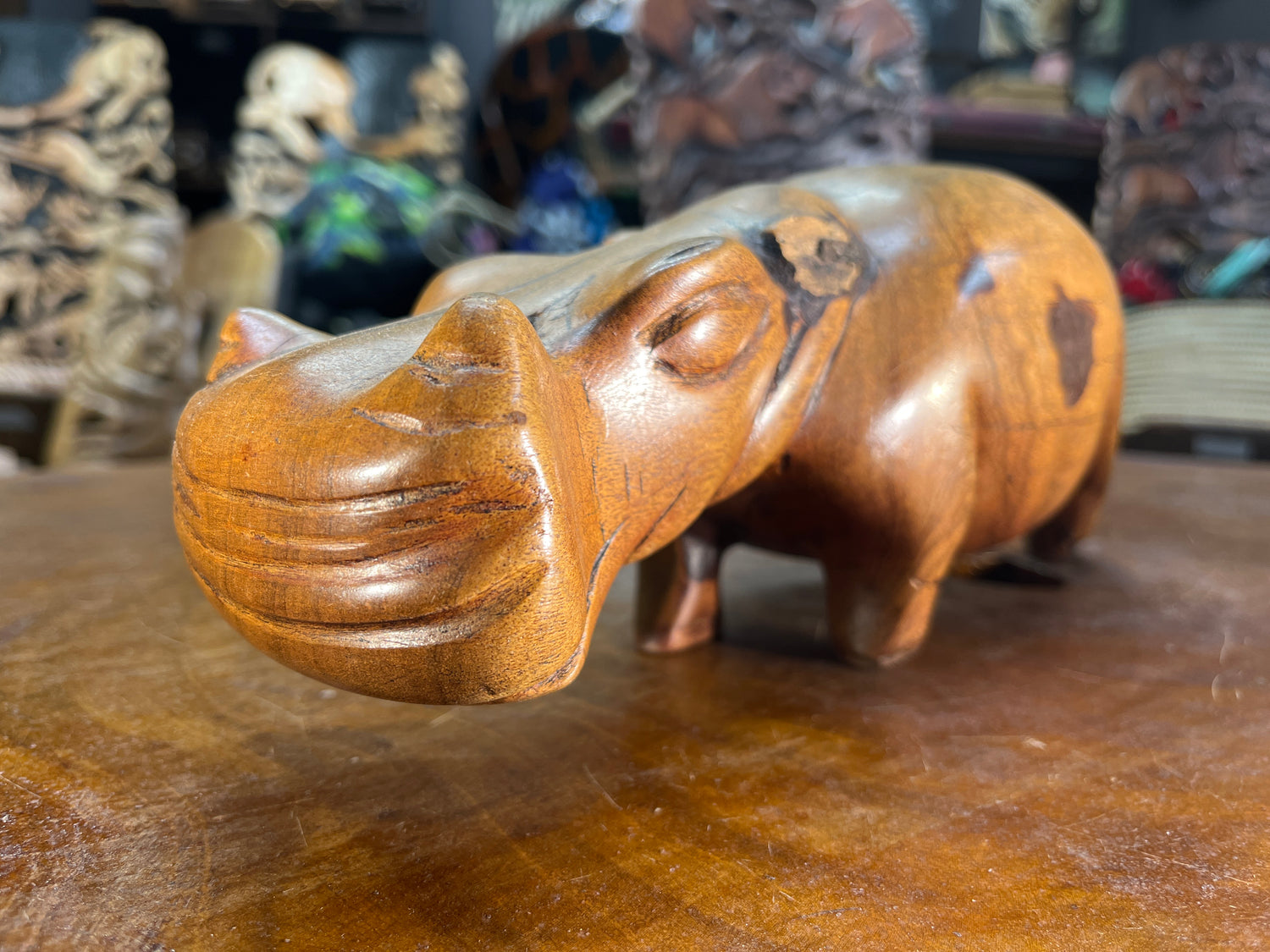 Hand Carved Light Brown Wooden Hippo - Mouth Closed