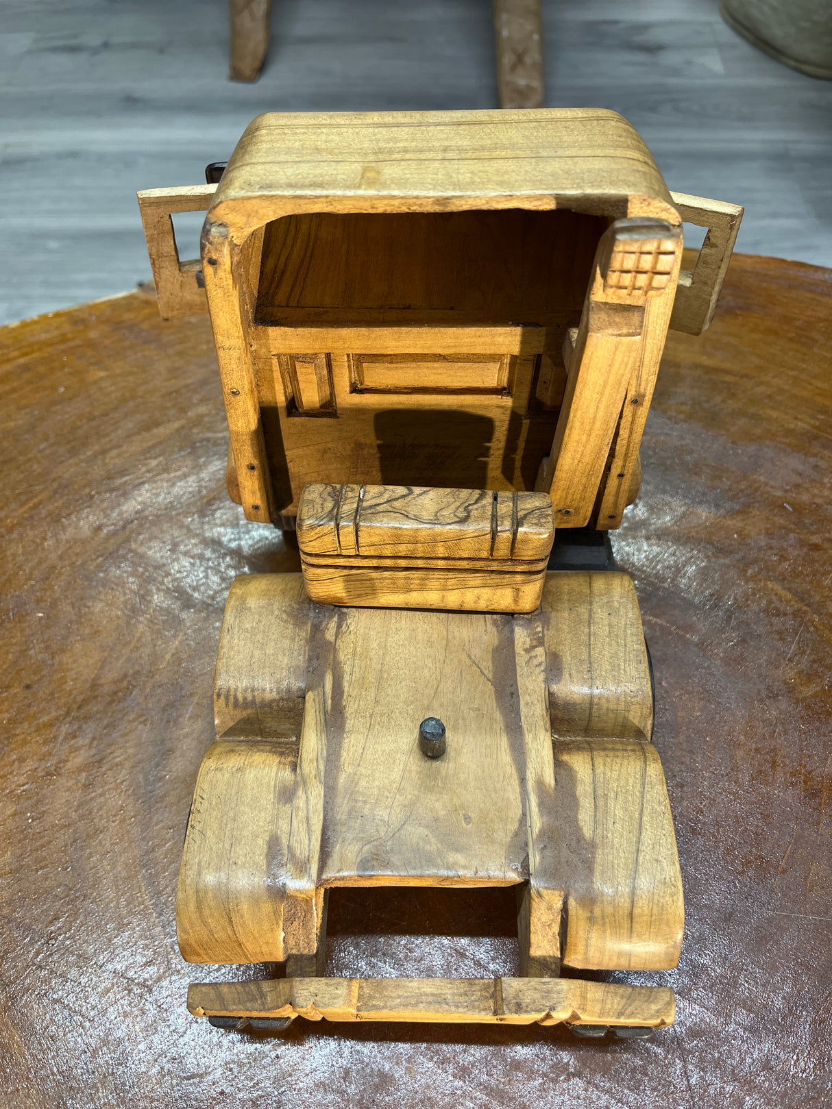 Hand Carved Truck & Trailer Wooden Model With A Car