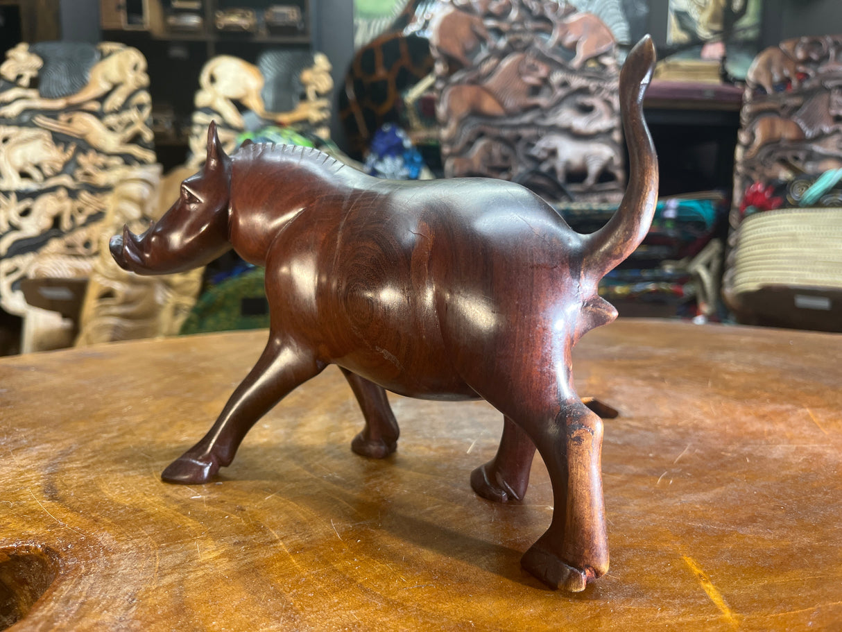 Hand Carved Dark Brown Wooden Warthog With Horns