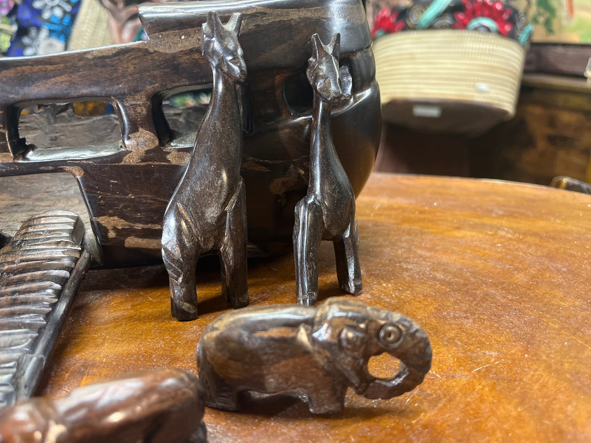 Hand Carved Ebony Noah’s Ark With Animals and Noah and Spouse