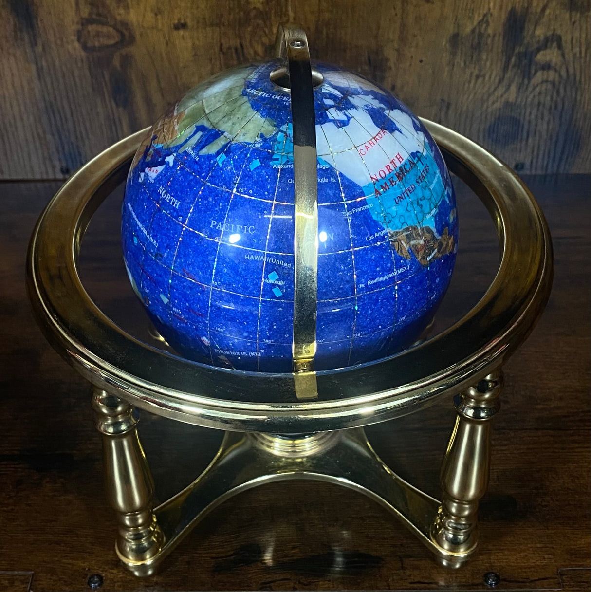 Dark Blue Gemstone Globe With Metallic Brass Cradle - Solid Colour