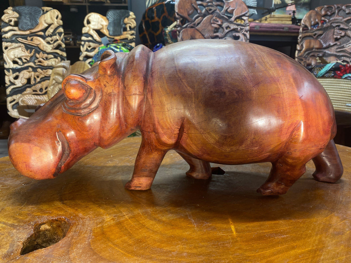 Big Reddish Colour Hand Carved Wooden Smiling Hippo - Mouth Closed (Very Heavy Piece)