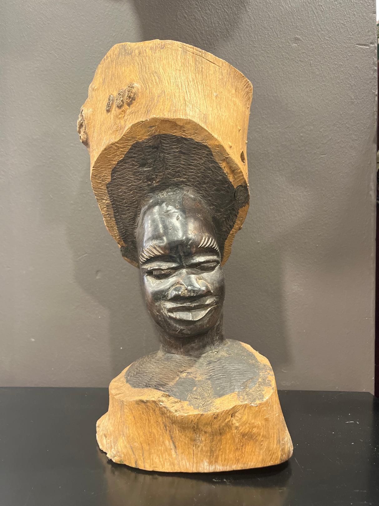Beautiful Ebony Intricate African Head Carved into One Tree Trunk