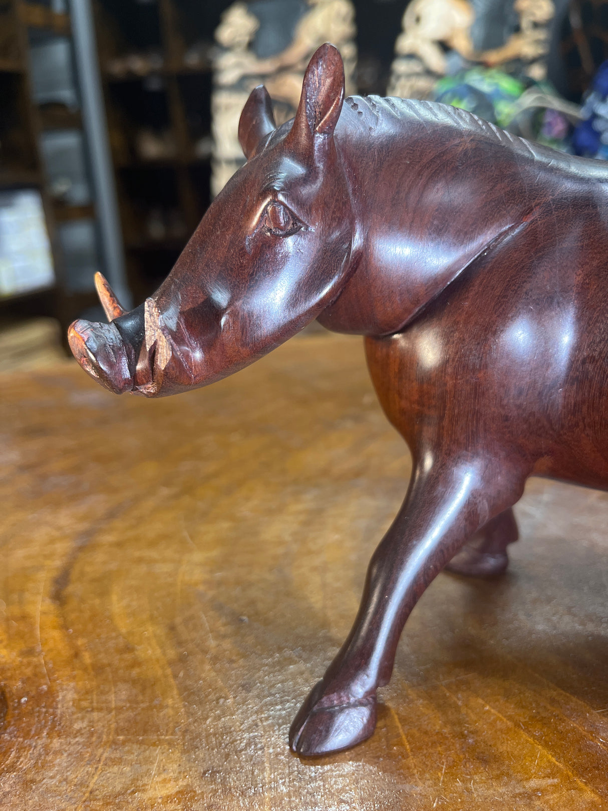 Hand Carved Dark Brown Wooden Warthog With Horns