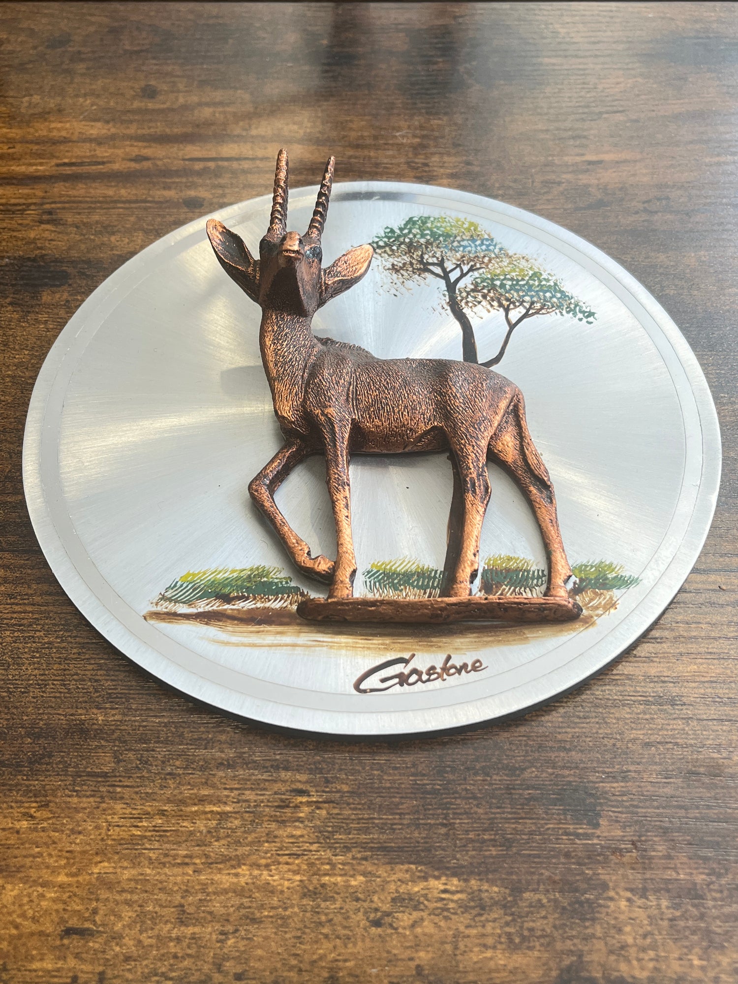 Vintage 3d copper plaque By Gastone - Front Facing Gazelle on Circular Plaque