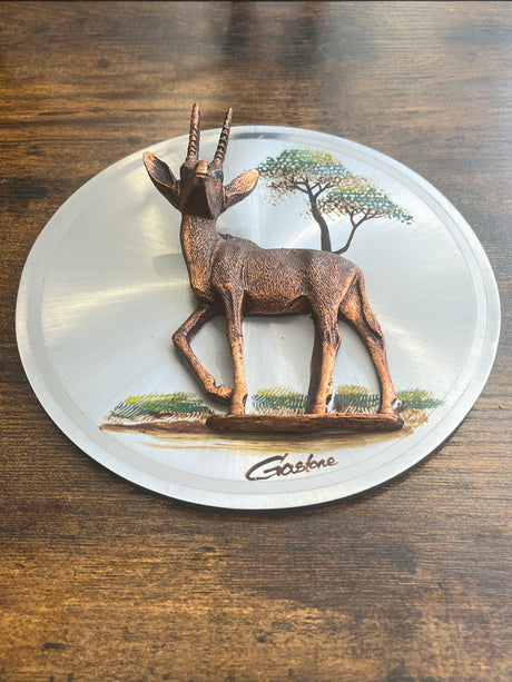 Vintage 3d copper plaque By Gastone - Front Facing Gazelle on Circular Plaque