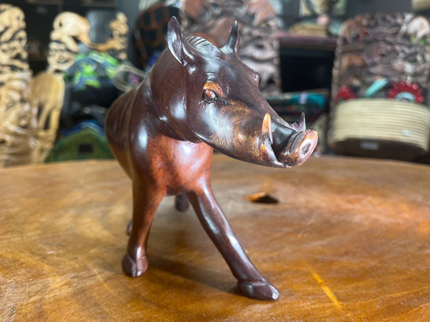 Hand Carved Dark Brown Wooden Warthog With Horns