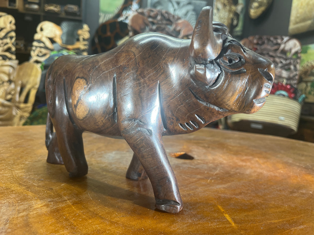 Hand Carved Dark Brown Wooden Buffalo With Horns